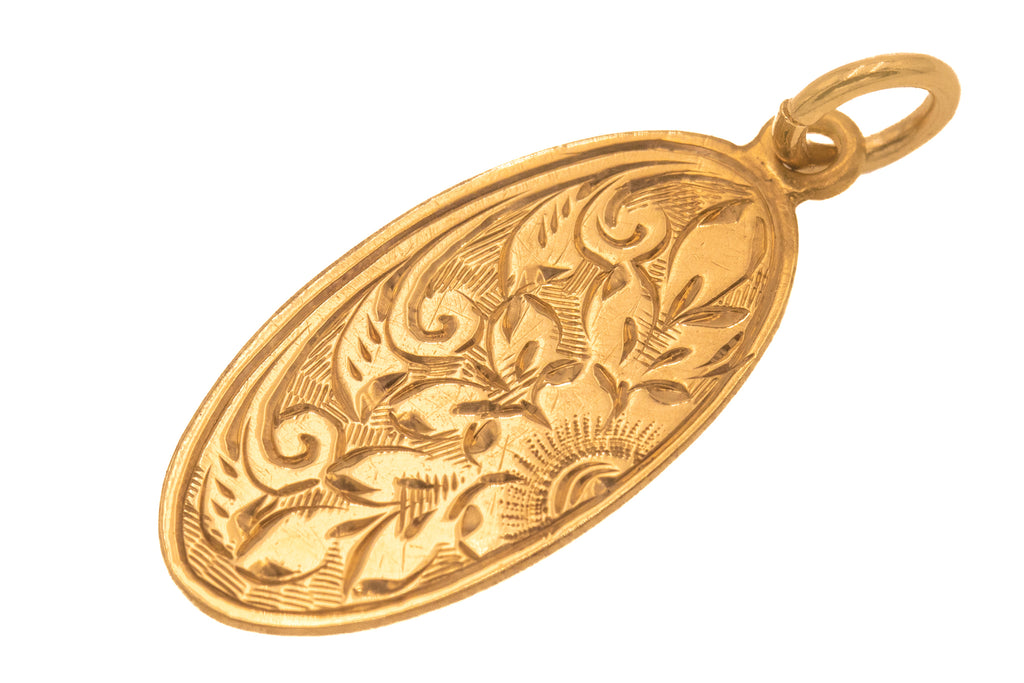 Antique 9ct Gold Engraved Oval Pendant
