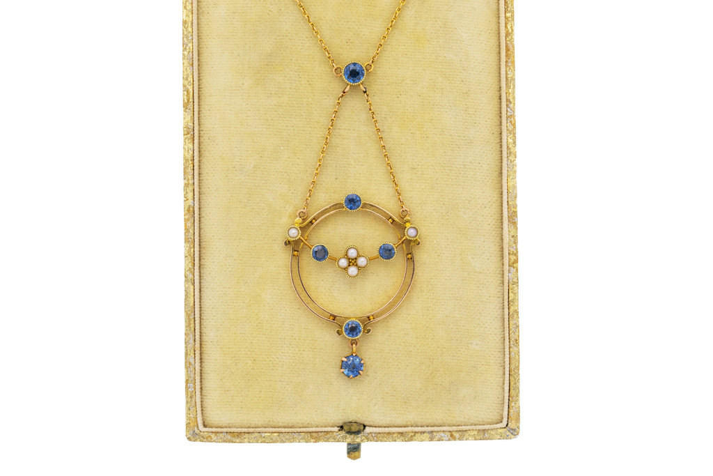 Edwardian 15ct Gold Sapphire Pearl Necklace, Original Antique Box