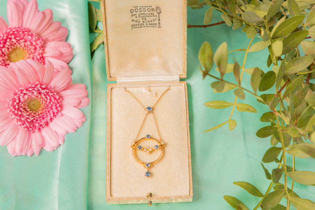 Edwardian 15ct Gold Sapphire Pearl Necklace, Original Antique Box