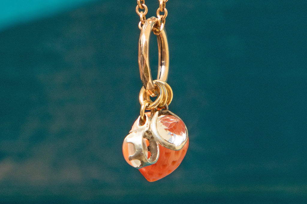 Antique 9ct Gold Split Ring with Trio of Charms - Rock Crystal, Moonstone, Coral Strawberry