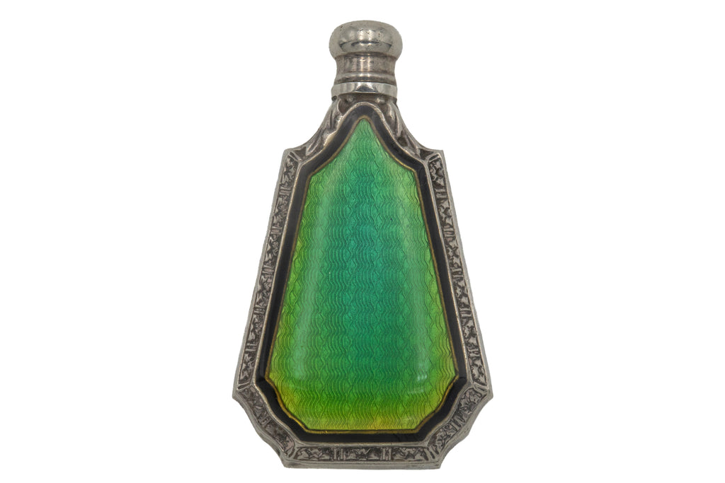 Art Deco Silver Green Enamel Perfume Bottle