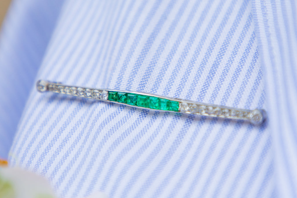 Art Deco Platinum Diamond Emerald Bar Brooch - Original Fitted Box