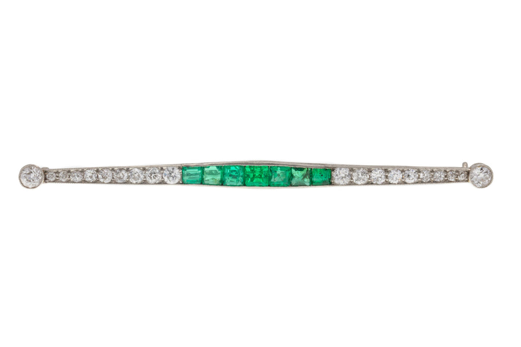 Art Deco Platinum Diamond Emerald Bar Brooch - Original Fitted Box