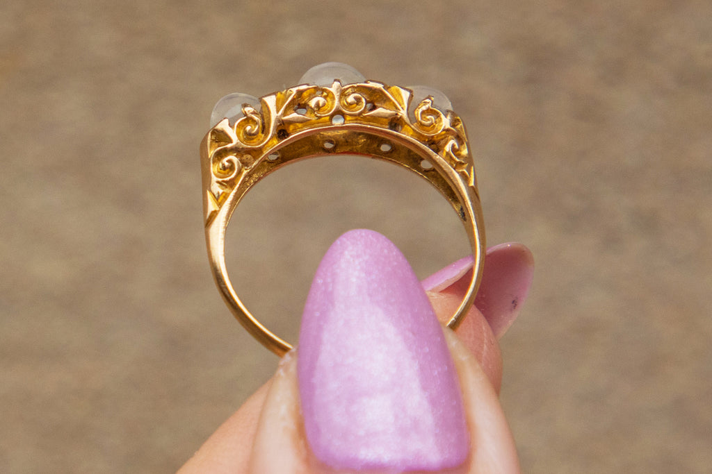 Antique 18ct Gold Moonstone Diamond Three Stone Ring - 1.40ct Moonstone