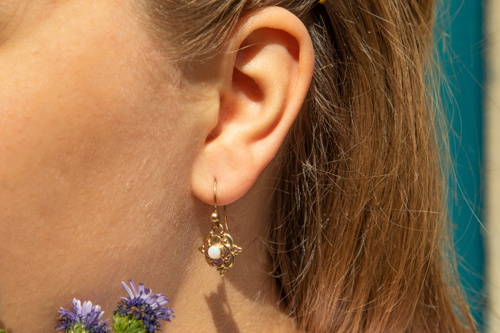 Antique 9ct Gold Opal Drop Earrings, 0.30ct