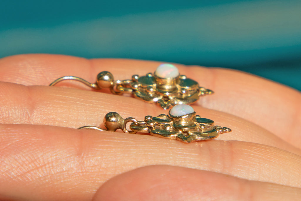 Antique 9ct Gold Opal Drop Earrings, 0.30ct