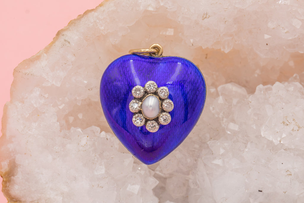 9ct Gold Victorian Blue Enamel Diamond Pearl Heart Pendant, 0.12ct