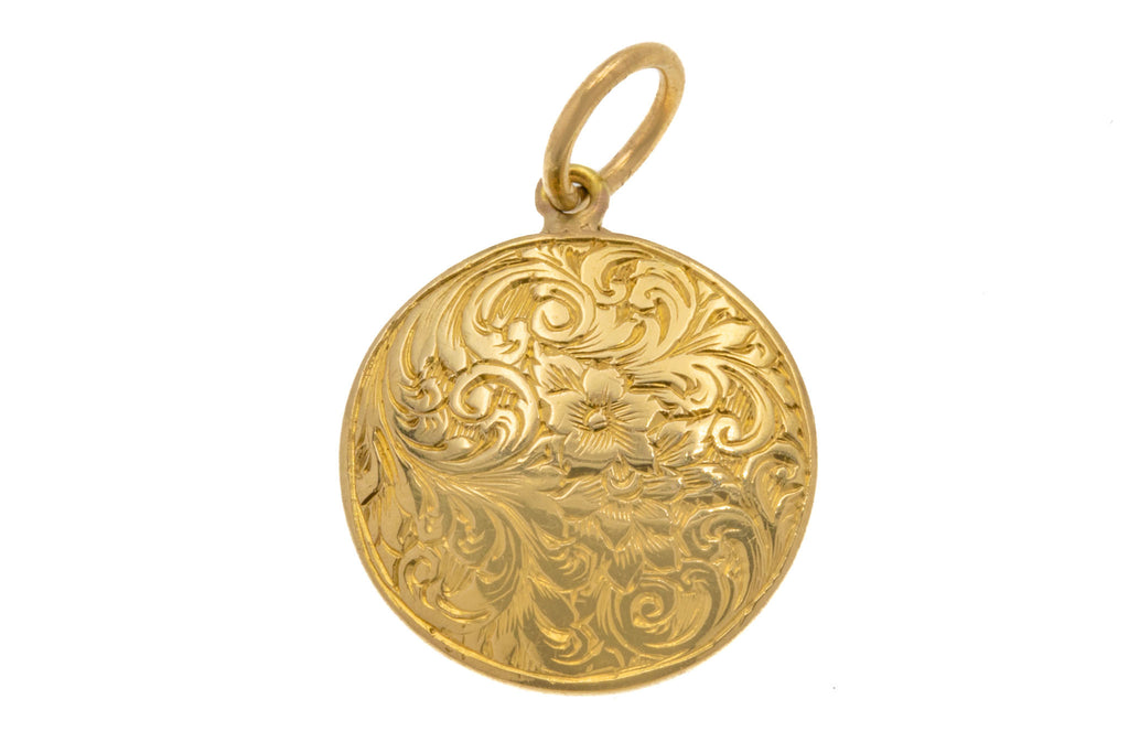 Antique 18ct Gold Round Engraved Pendant