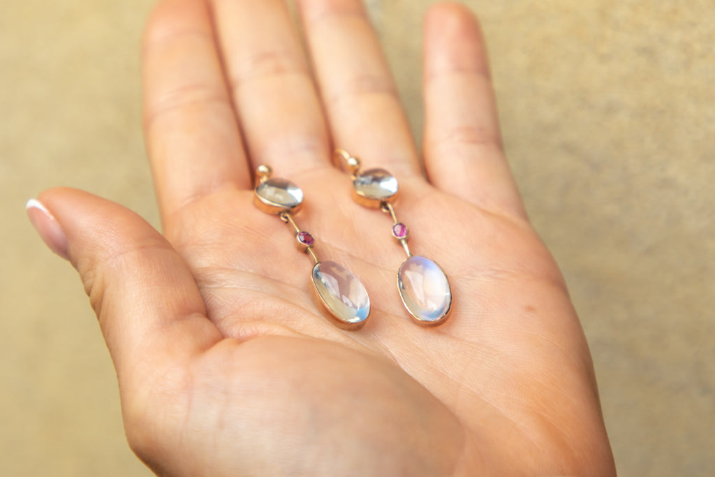 Edwardian 9ct Gold Moonstone Ruby Drop Earrings, 6.80ct Moonstone