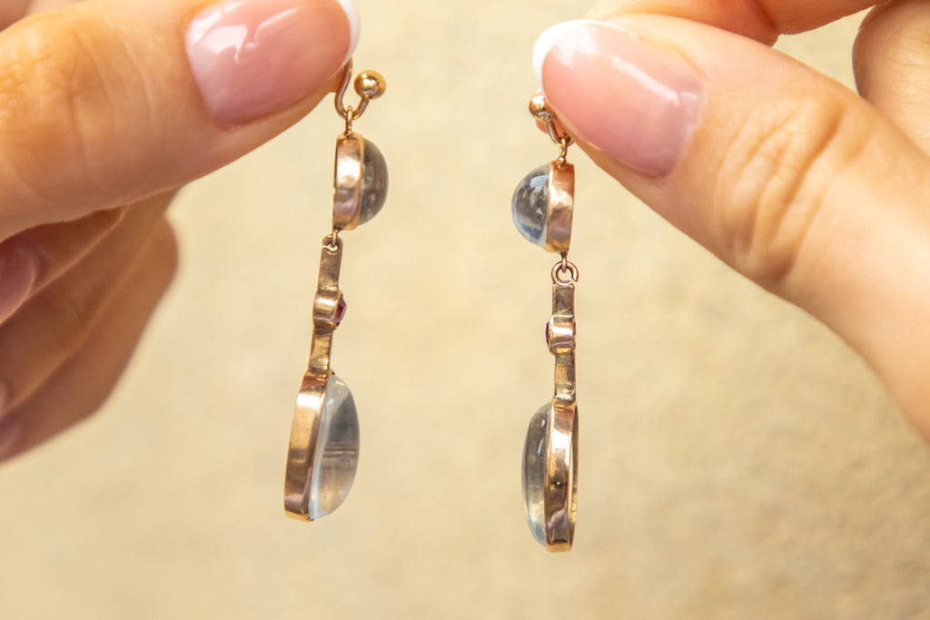Edwardian 9ct Gold Moonstone Ruby Drop Earrings, 6.80ct Moonstone
