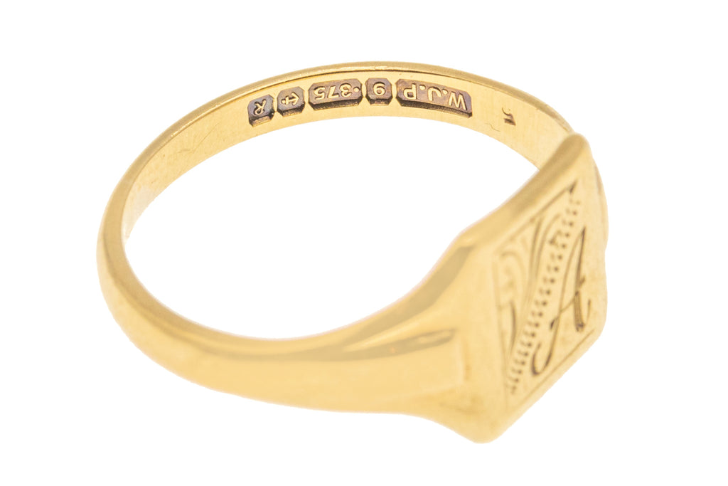 Dainty 9ct Gold Engraved Square Signet Ring - "A"