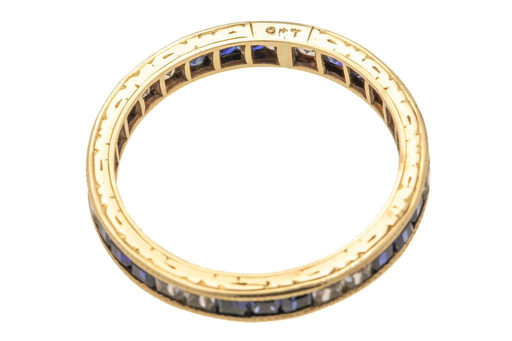 Art Deco 9ct Gold Sapphire Diamond Eternity Ring - UK Size M.5 / US Size 6 & 1/4