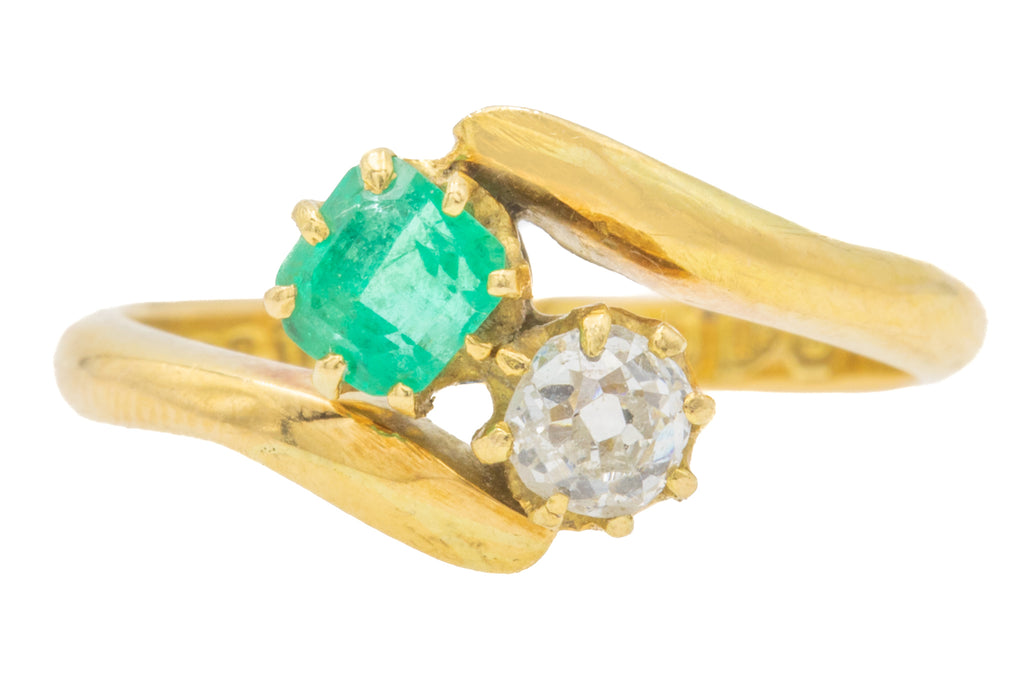 Edwardian 18ct Gold Emerald Old-Cut Diamond 'Toi Et Moi' Ring
