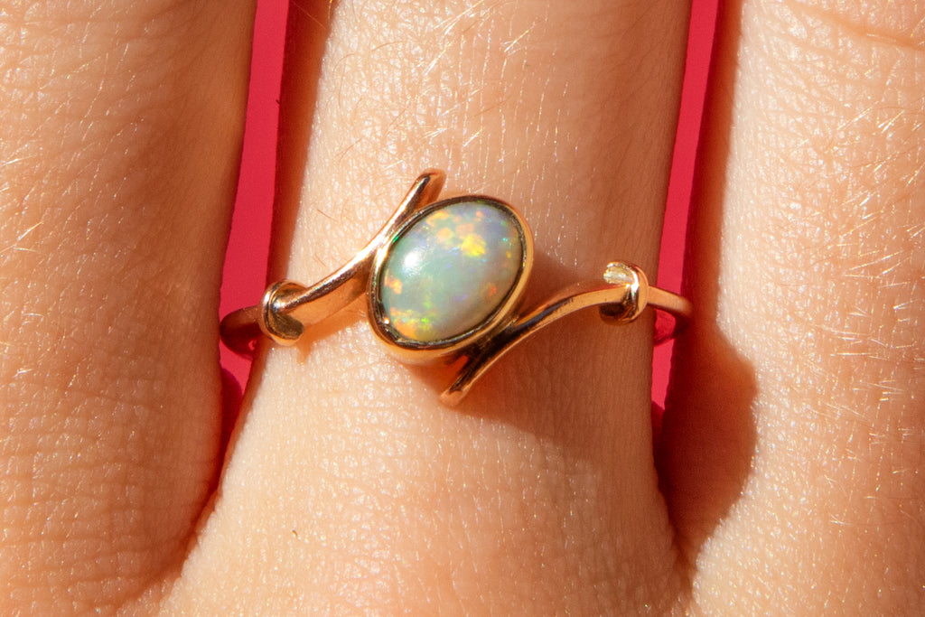 Antique 9ct Gold Natural Solid Opal Twist Bypass Ring, 0.50ct