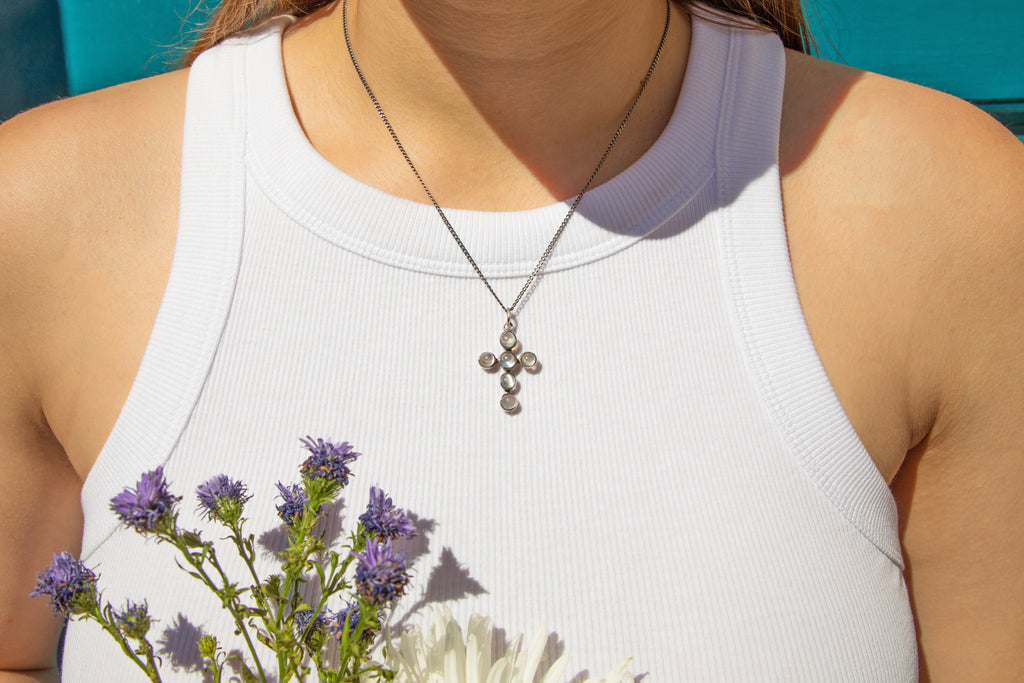 Sterling Silver Moonstone Cross Pendant - 3.00ct, with 16"-18" Adjustable Chain