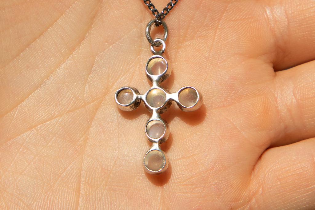 Sterling Silver Moonstone Cross Pendant - 3.00ct, with 16"-18" Adjustable Chain