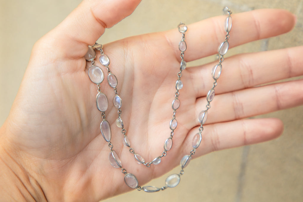 24" Edwardian Silver Moonstone Necklace, 55.00ct