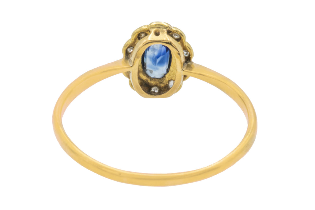 Art Deco 18ct Gold Sapphire Diamond Cluster Ring, 0.25ct Sapphire