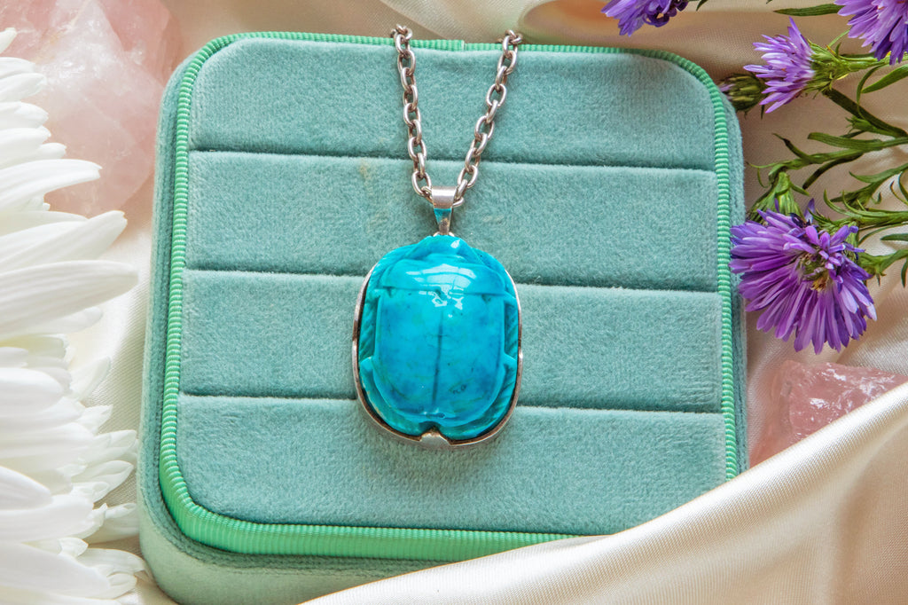 Egyptian Revival Silver "Faience" Stone Scarab Beetle Pendant, 16" Chain