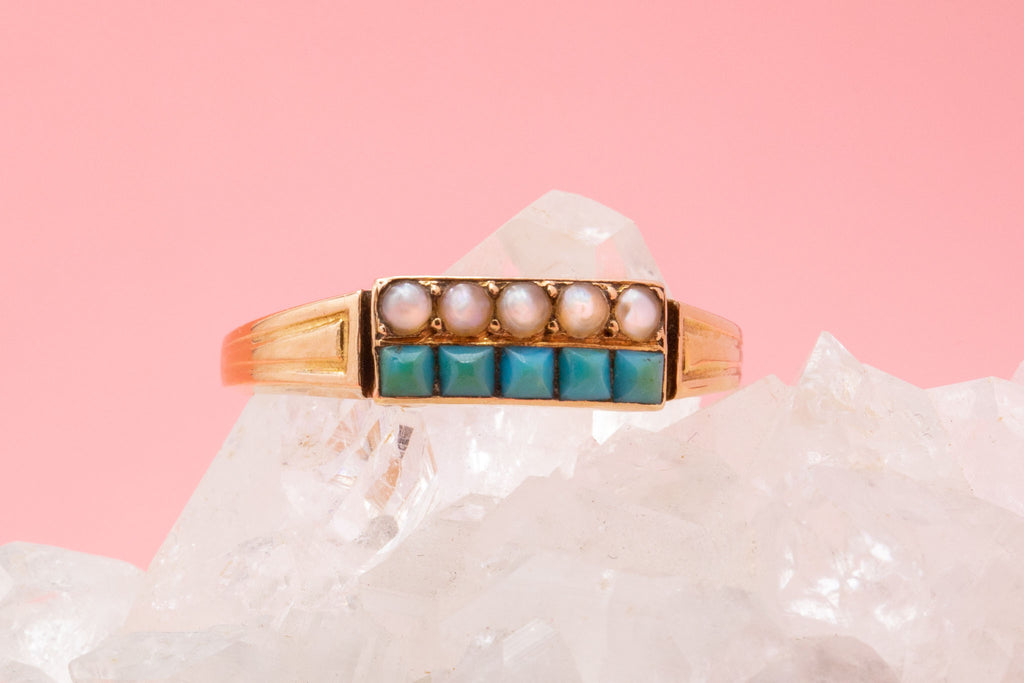 Antique French 18ct Gold Turquoise Pearl Ring