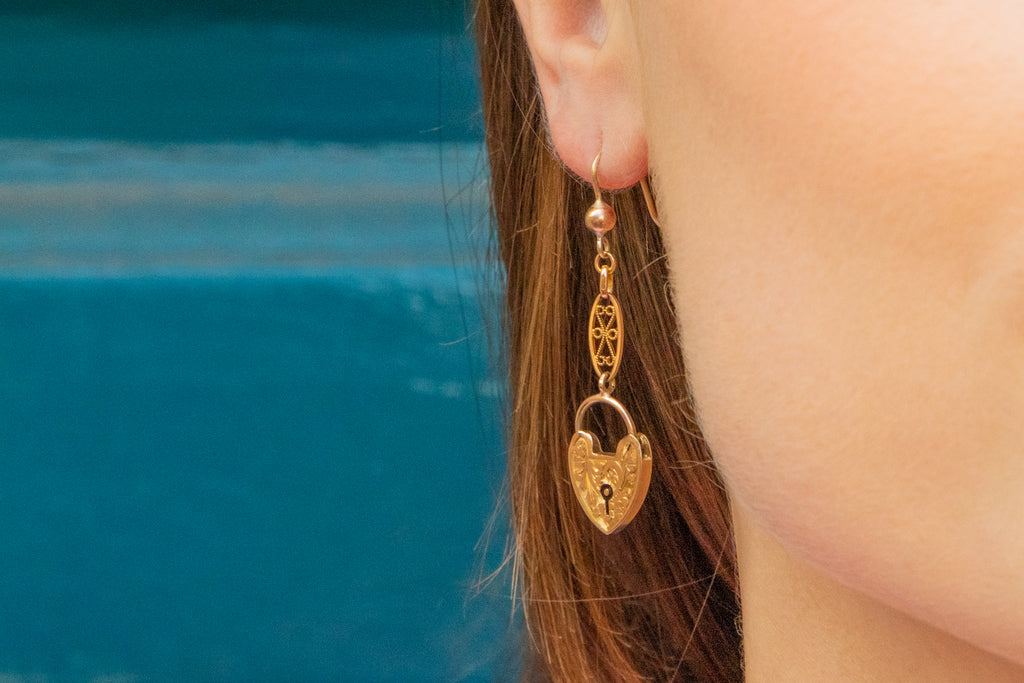 Antique 9ct Gold Filigree Heart Padlock Earrings