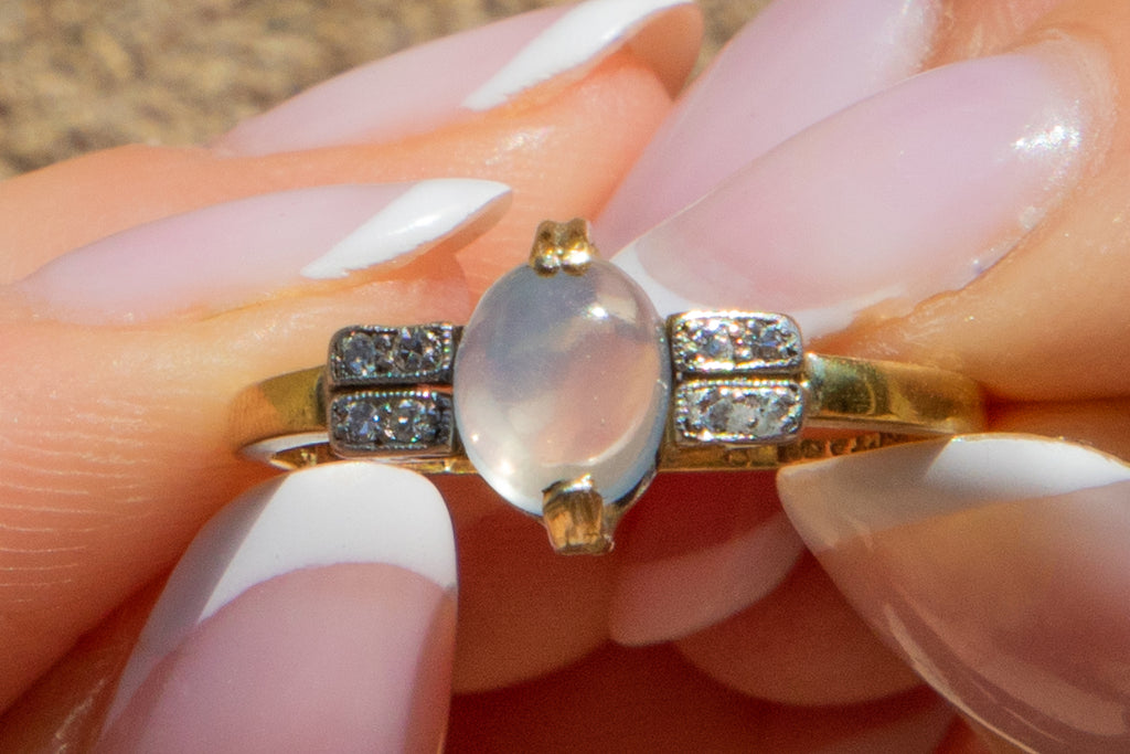 Art Deco 18ct Gold Moonstone Diamond Ring, 0.80ct Moonstone