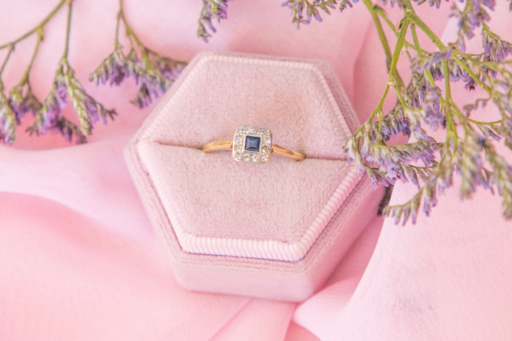 Art Deco 18ct Gold Square Sapphire Diamond Ring