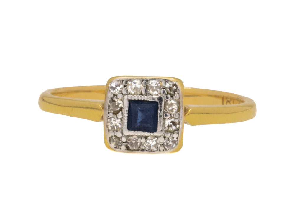 Art Deco 18ct Gold Square Sapphire Diamond Ring