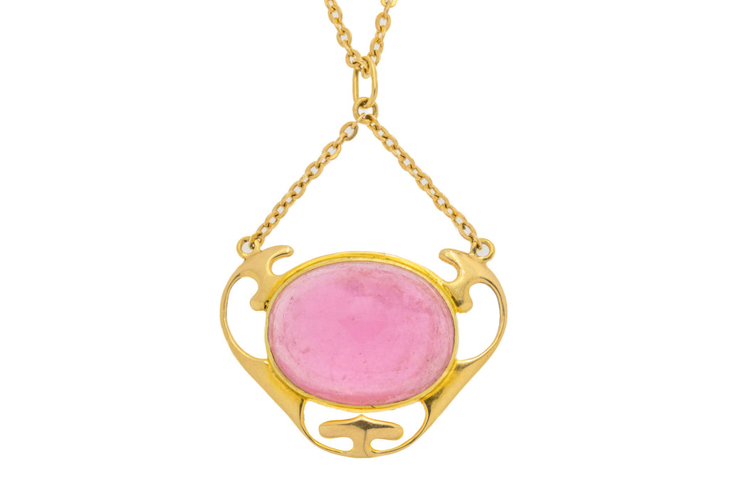 Murrle Bennett Art Nouveau 15ct Gold Pink Tourmaline Cabochon Pendant, 18" Chain (28.90ct)