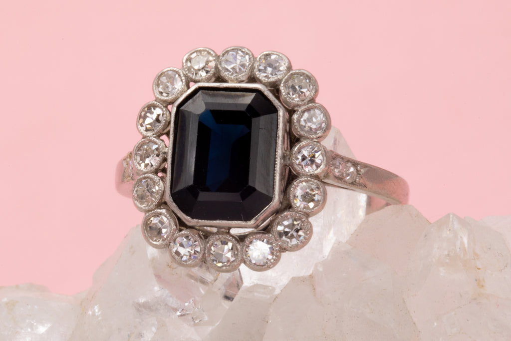 Edwardian French Platinum Natural Sapphire Diamond Cluster Ring - 2.60ct Sapphire