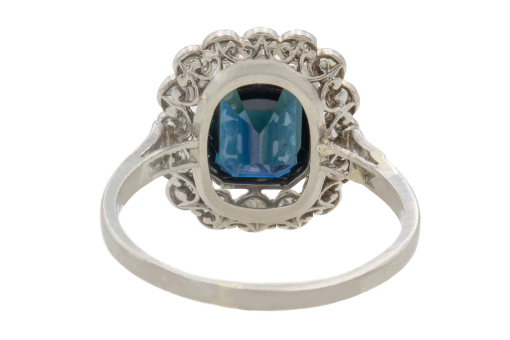 Edwardian French Platinum Natural Sapphire Diamond Cluster Ring - 2.60ct Sapphire