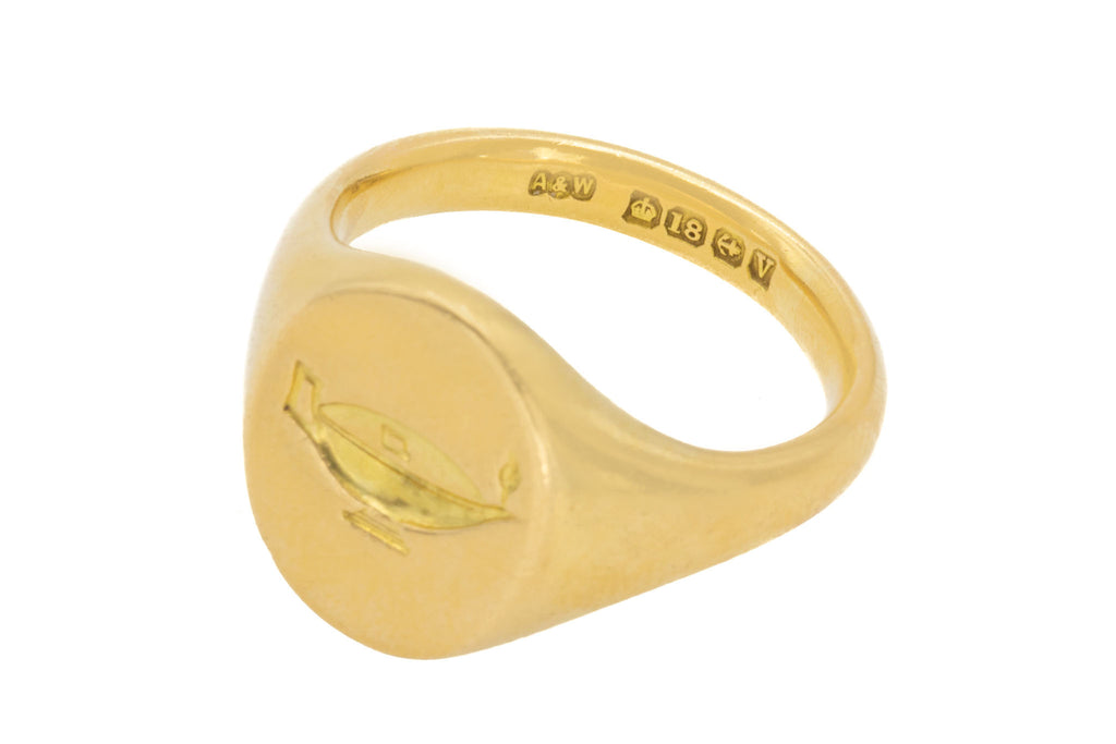 Heavy Antique 18ct Gold Signet Ring, Lucky Lantern