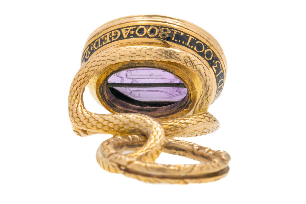 Georgian 15ct Gold Amethyst Snake Mourning Seal- "She Was Like This", with Split Ring