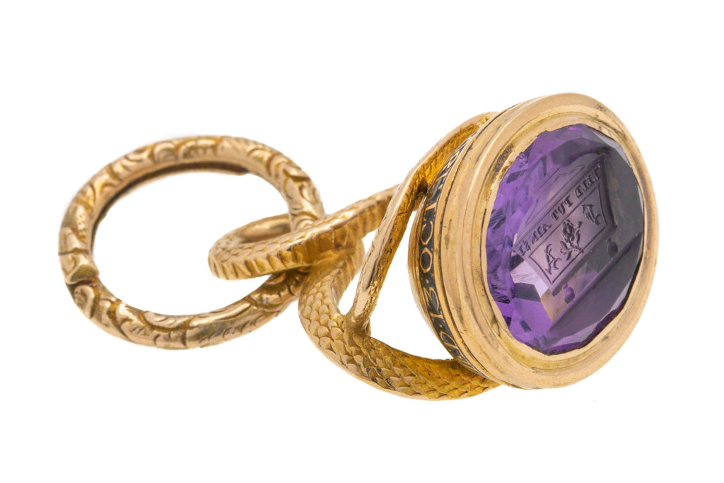 Georgian 15ct Gold Amethyst Snake Mourning Seal- "She Was Like This", with Split Ring