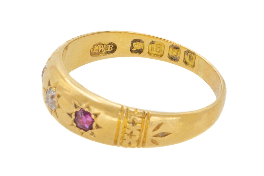 Antique 18ct Gold Diamond Ruby Star Set "Gypsy" Ring