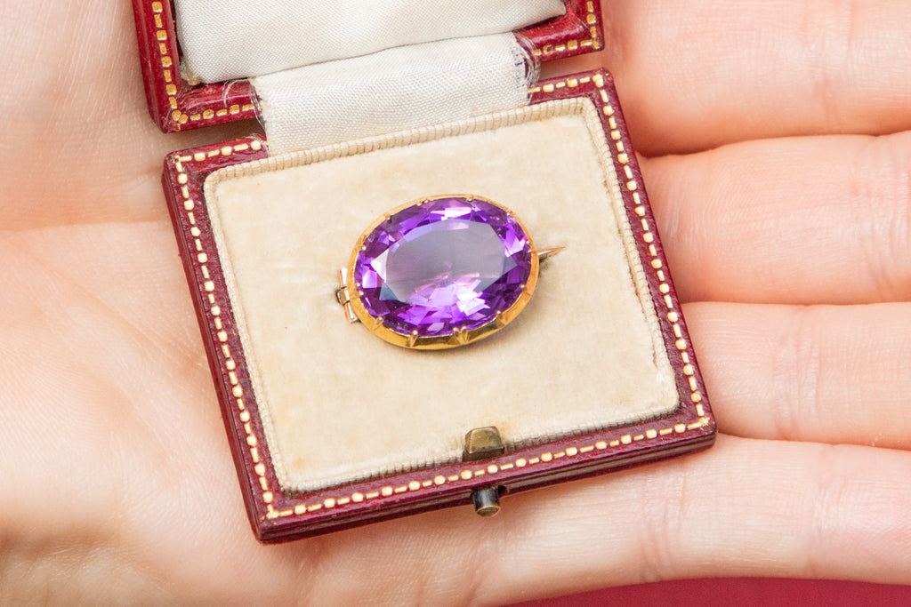 Antique 18ct Gold Natural Amethyst Brooch - 7.60ct, Original Fitted Box