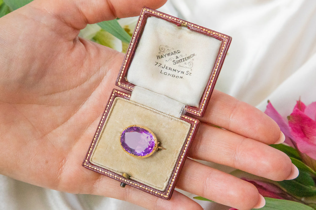 Antique 18ct Gold Natural Amethyst Brooch - 7.60ct, Original Fitted Box