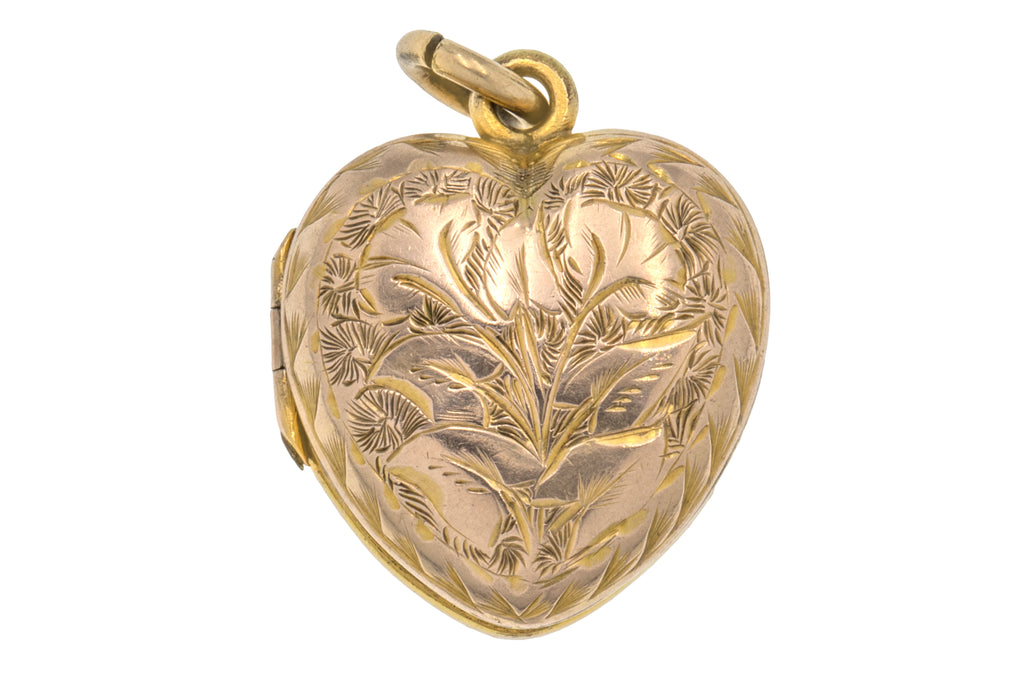 Edwardian 9ct Gold Engraved Cross Motif Heart Locket