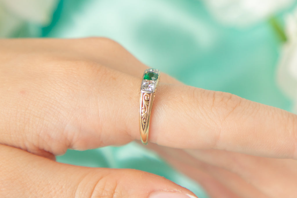14ct Gold Art Deco Emerald Diamond Trilogy Ring, 0.40ct Emerald