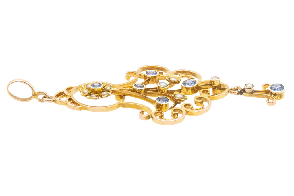 Edwardian 9ct Gold Sapphire Pearl Pendant - 0.57ct Sapphire