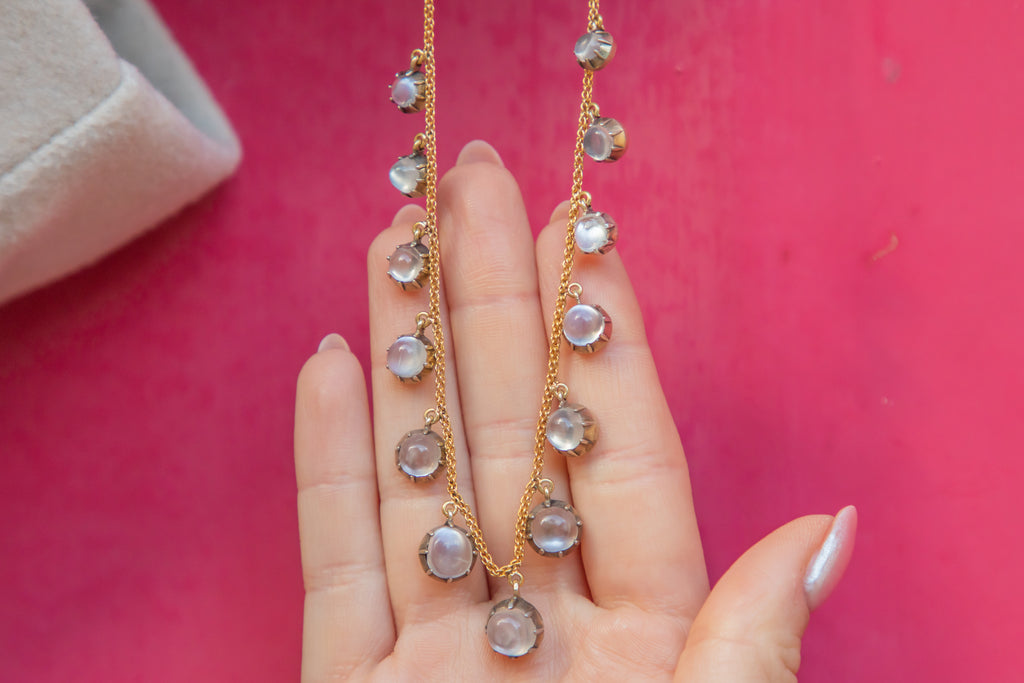 15" Antique 18ct Gold & Silver Moonstone Drop Necklace, 10.70ct