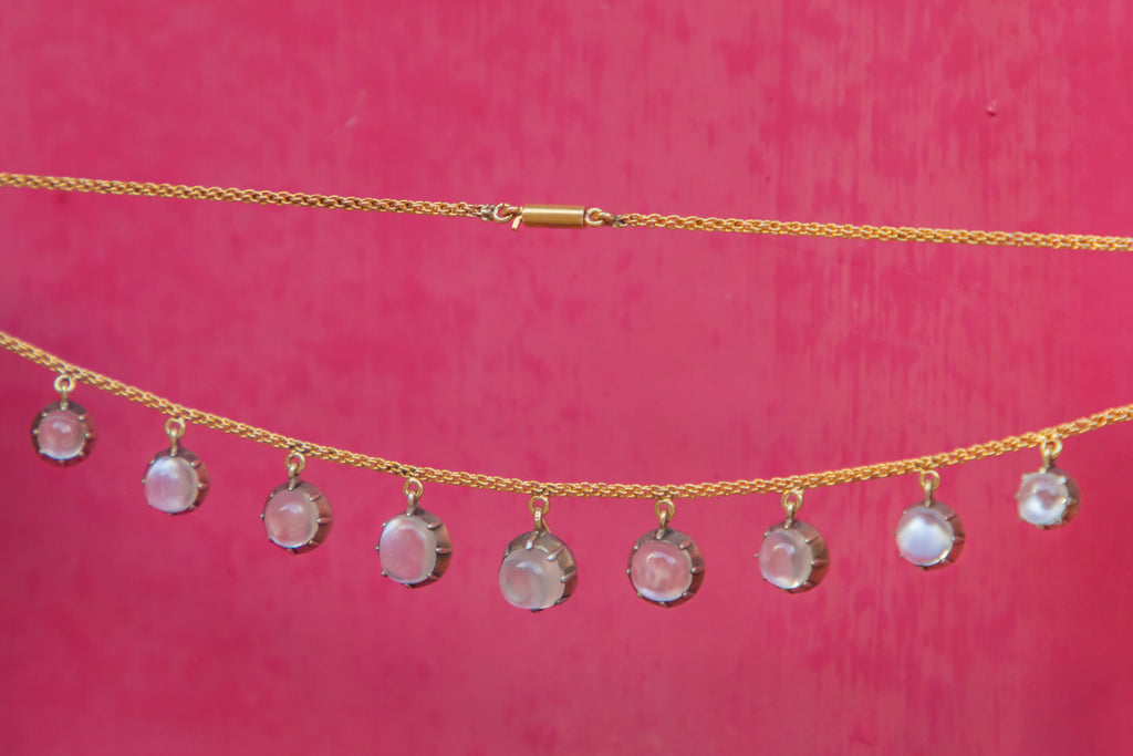 15" Antique 18ct Gold & Silver Moonstone Drop Necklace, 10.70ct