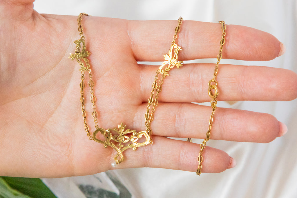 16" Art Nouveau French 18ct Gold Pearl Festoon Necklace, 9g