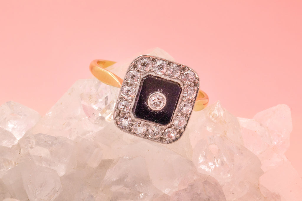 Art Deco 18ct Gold Square Onyx Diamond Ring, 0.43ct Diamond