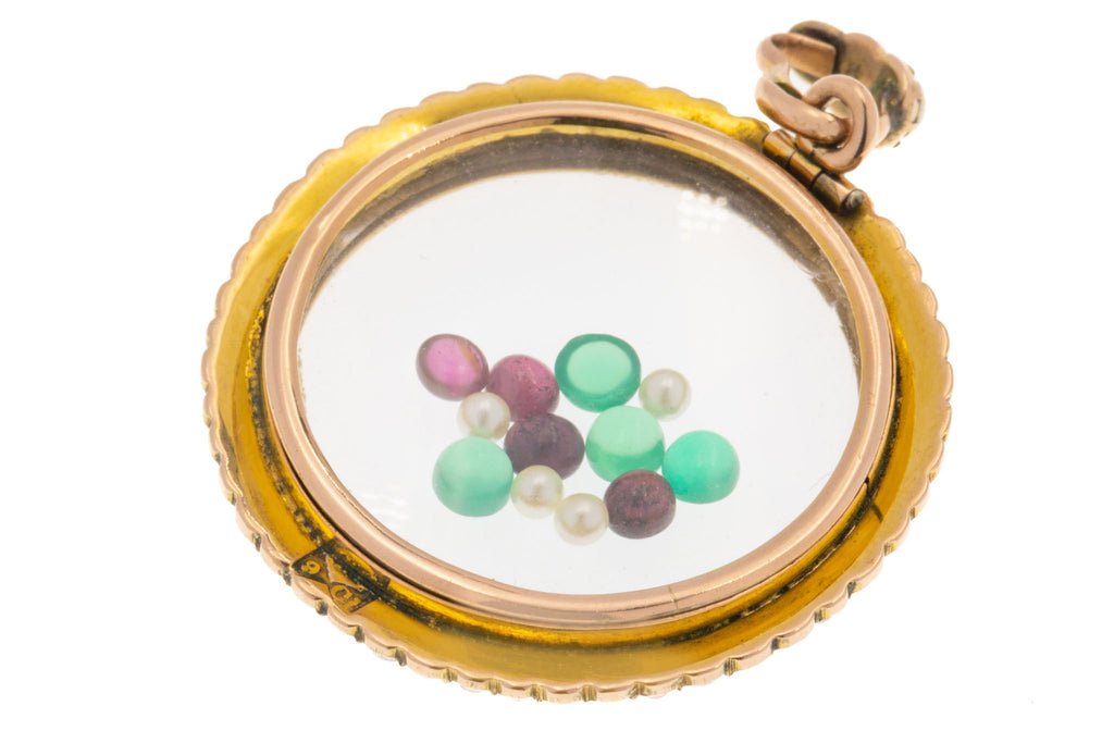 Edwardian 9ct Gold Seed Pearl Shaker Locket - with Chrysoberyl, Garnets & Pearls