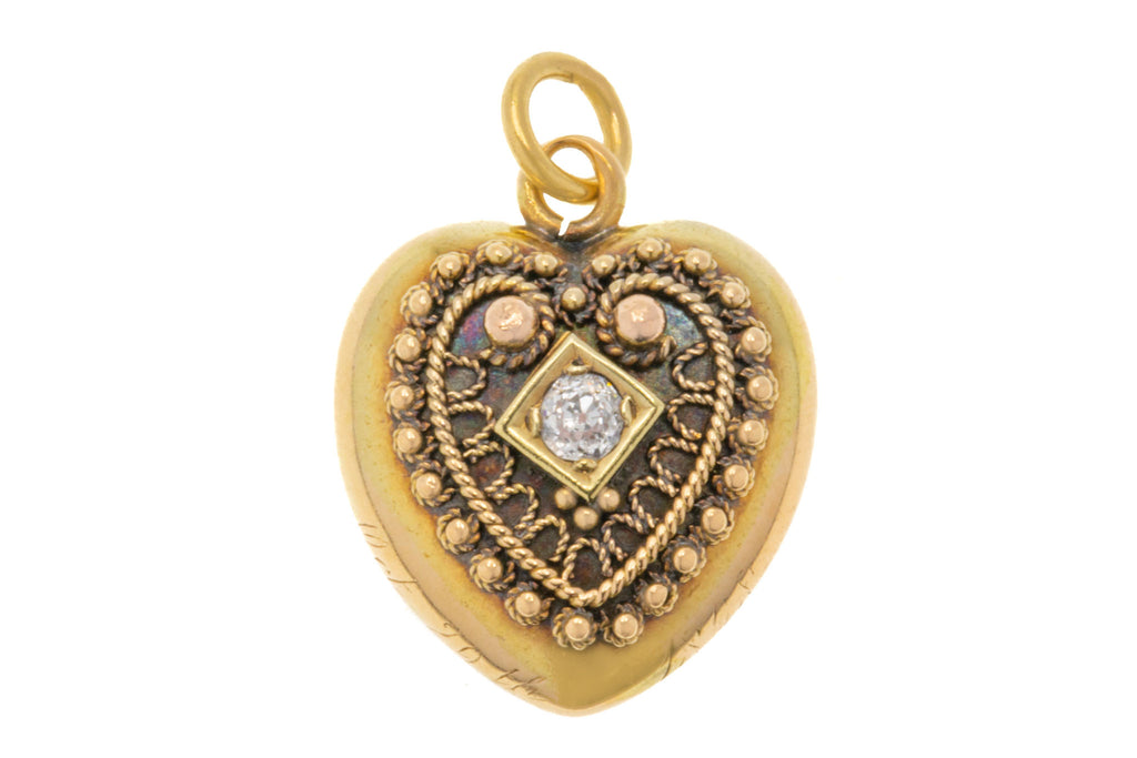 Victorian 15ct Gold Diamond Heart Locket Pendant, c.1898
