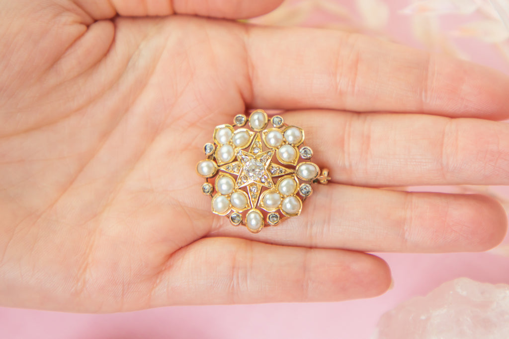 Victorian 18ct Gold Pearl Diamond Star Brooch Pendant
