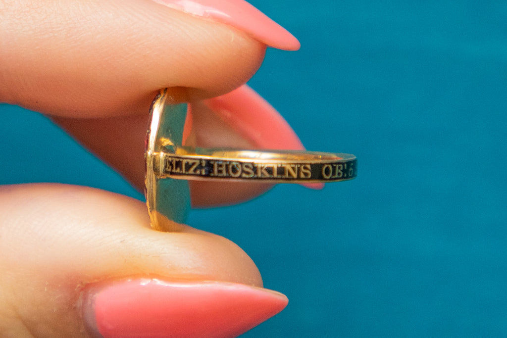 Georgian 18ct Gold Enamel Garnet Mourning Ring c.1766, with Antique Ring Box
