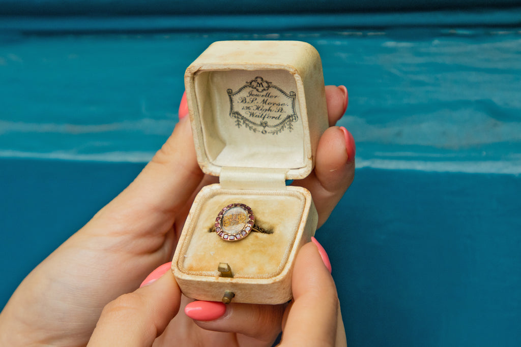Georgian 18ct Gold Enamel Garnet Mourning Ring c.1766, with Antique Ring Box