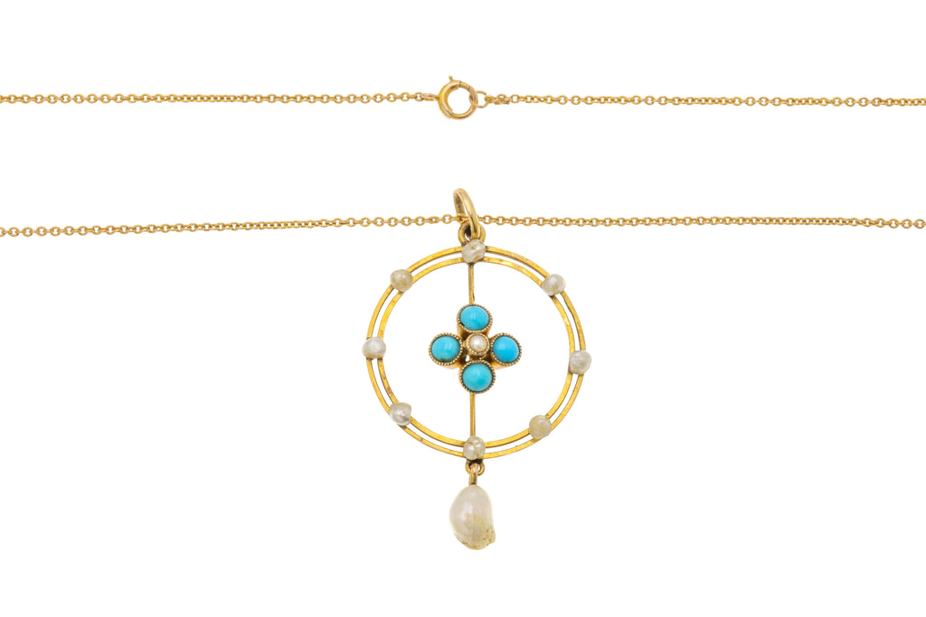 9ct Gold Turquoise Pearl Forget-Me-Not Pendant, with 16" Chain